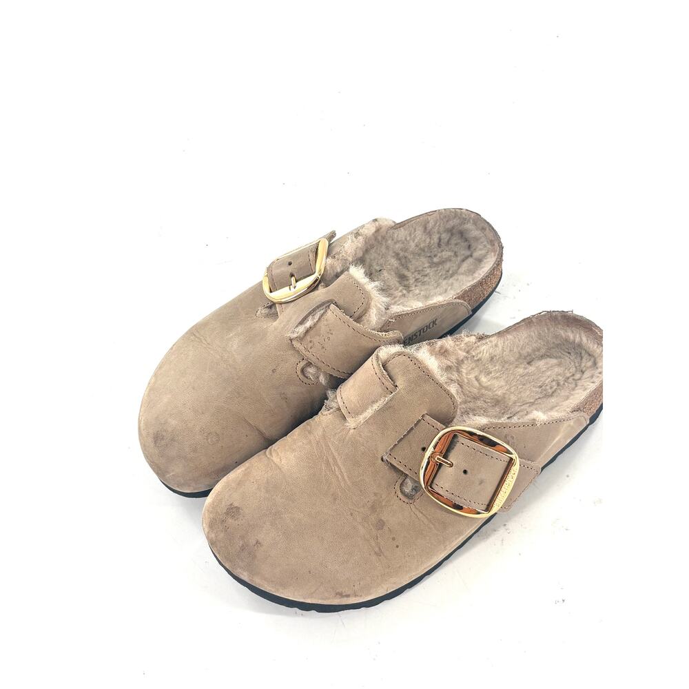 Birkenstock Big Buckle Boston Sherpa Clogs 37 7 Tobacco Brown Taupe Tan Leather - Picture 5 of 6